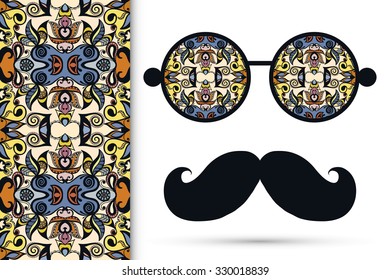 Retro hipster sunglasses with ornament and mustaches, seamless floral geometric pattern, isolated elements for scrapbook, t-shirt print, invitation or greeting card design