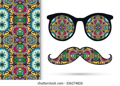 Retro hipster sunglasses with ornament and mustaches, seamless floral geometric pattern, isolated elements for scrapbook, t-shirt print, invitation or greeting card design