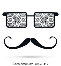 Retro hipster sunglasses with ornament and mustaches, isolated element for scrapbook, t-shirt print, invitation or greeting card design. Black and white vector fashion illustration