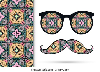 Retro hipster sunglasses with ornament and mustaches, seamless floral geometric pattern, isolated elements for scrapbook, t-shirt print, invitation or greeting card design