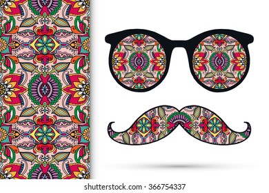 Retro hipster sunglasses with ornament and mustaches, seamless floral geometric pattern, isolated elements for scrapbook, t-shirt print, invitation or greeting card design