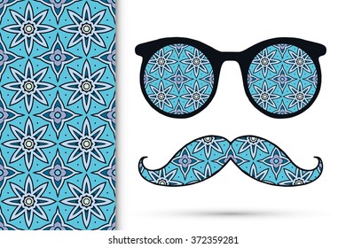 Retro hipster sunglasses with ornament and mustaches, seamless floral geometric pattern, isolated elements for scrapbook, t-shirt print, invitation or greeting card design