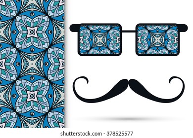 Retro hipster sunglasses with ornament and mustaches, seamless floral geometric pattern, isolated elements for scrapbook, t-shirt print, invitation or greeting card design
