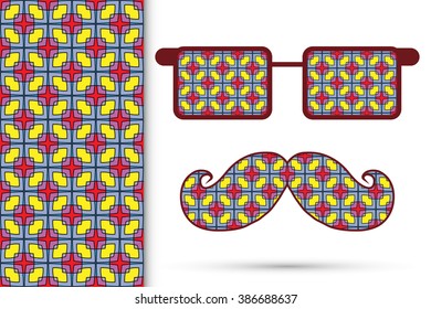 Retro hipster sunglasses with ornament and mustaches, seamless floral geometric pattern, isolated elements for scrapbook, t-shirt print, invitation or greeting card design