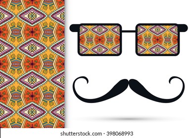 Retro hipster sunglasses with ornament and mustaches, seamless floral geometric pattern, isolated elements for scrapbook, t-shirt print, invitation or greeting card design