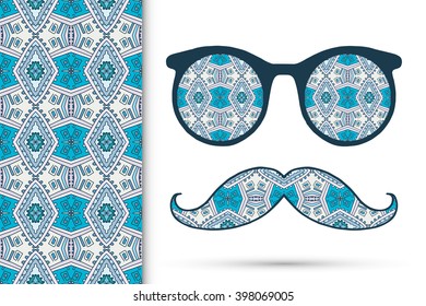 Retro hipster sunglasses with ornament and mustaches, seamless floral geometric pattern, isolated elements for scrapbook, t-shirt print, invitation or greeting card design