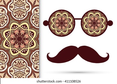 Retro hipster sunglasses with ornament and mustaches, seamless floral geometric pattern, isolated elements for scrapbook, t-shirt print, invitation or greeting card design