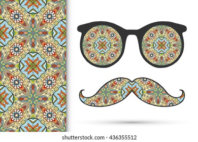 Retro hipster sunglasses with ornament and mustaches, seamless floral geometric pattern, isolated elements for scrapbook, t-shirt print, invitation or greeting card design