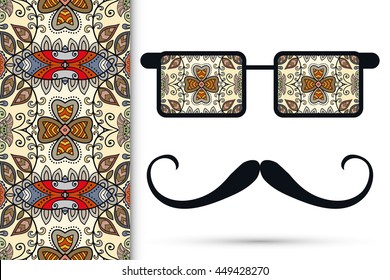 Retro hipster sunglasses with ornament and mustaches, seamless floral geometric pattern, isolated elements for scrapbook, t-shirt print, invitation or greeting card design