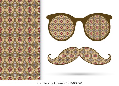 Retro hipster sunglasses with ornament and mustaches, seamless floral geometric pattern, isolated elements for scrapbook, t-shirt print, invitation or greeting card design