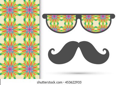 Retro hipster sunglasses with ornament and mustaches, seamless floral geometric pattern, isolated elements for scrapbook, t-shirt print, invitation or greeting card design