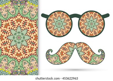 Retro hipster sunglasses with ornament and mustaches, seamless floral geometric pattern, isolated elements for scrapbook, t-shirt print, invitation or greeting card design