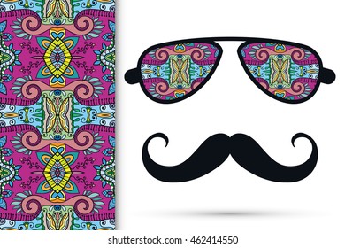 Retro hipster sunglasses with ornament and mustaches, seamless floral geometric pattern, isolated elements for scrapbook, t-shirt print, invitation or greeting card design