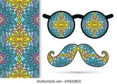 Retro hipster sunglasses with ornament and mustaches, seamless floral geometric pattern, isolated elements for scrapbook, t-shirt print, invitation or greeting card design