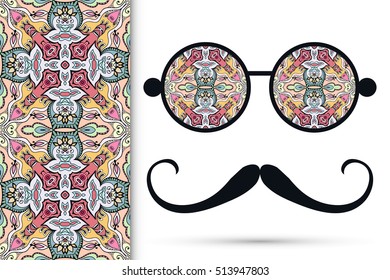 Retro hipster sunglasses with ornament and mustaches, seamless floral geometric pattern, isolated elements for scrapbook, t-shirt print, invitation or greeting card design