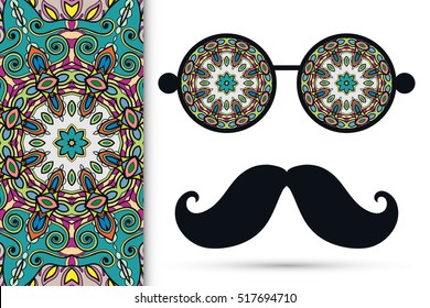 Retro hipster sunglasses with ornament and mustaches, seamless floral geometric pattern, isolated elements for scrapbook, t-shirt print, invitation or greeting card design