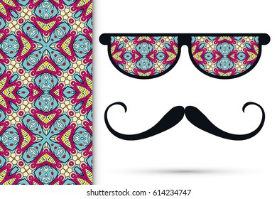 Retro hipster sunglasses with ornament and mustaches, seamless floral geometric pattern, isolated elements for scrapbook, t-shirt print, invitation or greeting card design