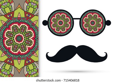 Retro hipster sunglasses with ornament and mustaches, seamless floral geometric pattern, isolated elements for scrapbook, t-shirt print, invitation or greeting card design
