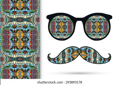 Retro hipster sunglasses with ornament and seamless geometric pattern, t-shirt print or invitation card design.