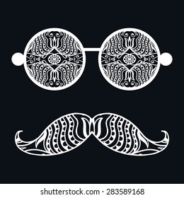 Retro hipster sunglasses, print for t-shirt, card design elements. Black and white