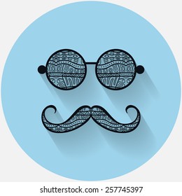 Retro hipster sunglasses. Vector fashion illustration of glasses with long shadow. Isolated ornate element, flat icon style.