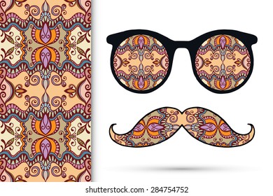 Retro hipster sunglasses. Vector fashion illustration with ornamental glasses and seamless geometric pattern. Isolated on white background, print for t-shirt, elements for card design