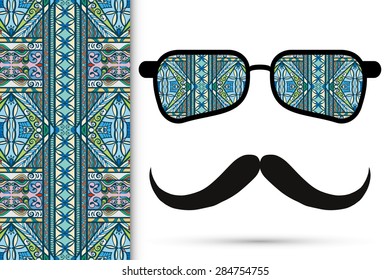 Retro hipster sunglasses. Vector fashion illustration with ornamental glasses and seamless geometric pattern. Isolated on white background, print for t-shirt, elements for card design