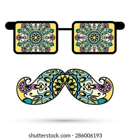 Retro hipster sunglasses. Vector fashion illustration with mandala ornament glasses. Isolated on white background, print for t-shirt, elements for card design