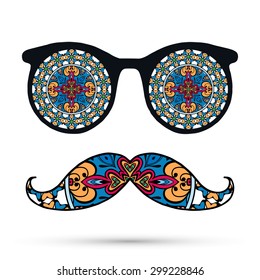 Retro hipster sunglasses. Vector fashion illustration of glasses on white background, print for paper or fabric, elements for invitation card design