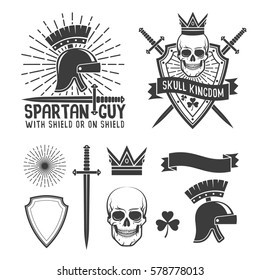 Retro hipster tattoo emblem. Spartan helmet, a dagger and a sunburst. Triangular shield, skull crown, ribbon and crossed swords. Vector illustration.