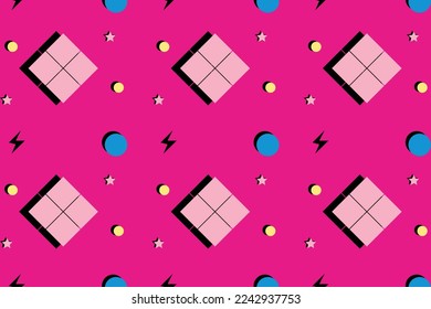 Retro and hipster vintage 80s memphis geometric fashion style seamless pattern illustration, pink background. Suitible for poster, fabric, greeting card, banner, textile and covers. 