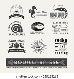 Retro Hipster Vintage Insignias or Logotypes set. Seafood and fish restaurant. Vector design elements, business signs, logos, identity, labels, badges and objects.