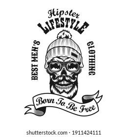 Retro hipster in warm hat vector illustration. Monochrome emblem with bearded skull in glasses and knitted hat on white background. Hipster lifestyle concept can be used for retro template