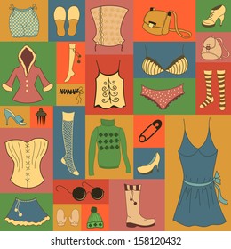 Retro hipsters clothes set, vector icon collection