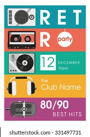 Retro hits. Vintage poster with audio equipment.