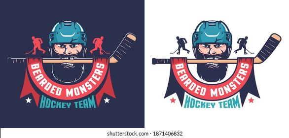 Retro hockey emblem. Hockey team mascot - bearded player in helmet with stick. Vector illustration.