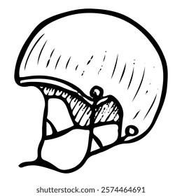 Retro hockey helmet hand drawn doodle illustration. Protecting player's head from falling and puck hitting injuries. Sports equipment. Ice game. Match. Vector line art.