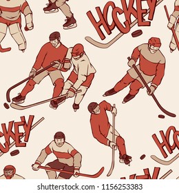 Retro hockey player goalkeeper in sports uniform seamless background. Vintage pattern sportsmans motion with hockey stick and puck different race. Vector outline illustration and inscription letters.