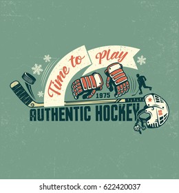 Retro hockey poster with stick, gloves, helmet and ribbon. Shabby texture on separate layers and can be easily disabled