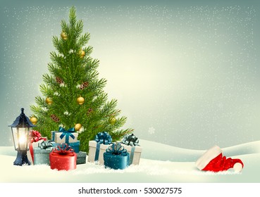 Retro holiday background with a Christmas tree and presents. Vector.