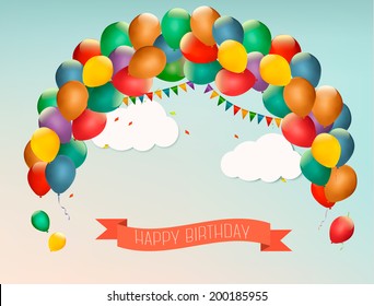 Retro holiday background with colorful balloons and a Happy Birthday ribbon. Vector. 