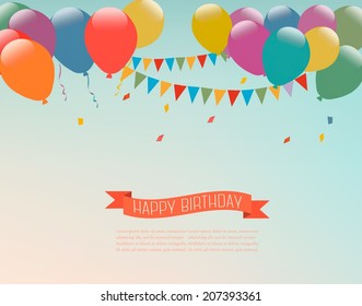 Retro holiday background with colorful balloons and a Happy Birthday ribbon. Vector.