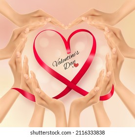 Retro holiday background with hands making a heart and red heart shape ribbon. Valentine's Day. Vector illustration 