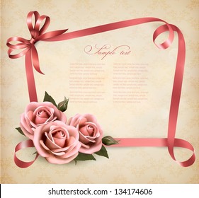 Retro holiday background with pink roses and ribbons. Vector illustration.