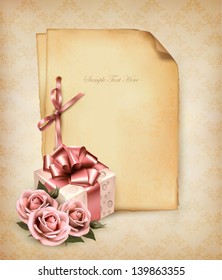 Retro holiday background with pink roses and gift box and old paper. Vector illustration.