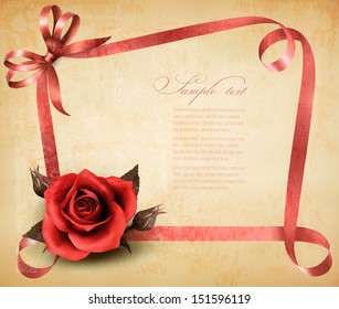 Retro holiday background with red rose and ribbons. Vector illustration. 