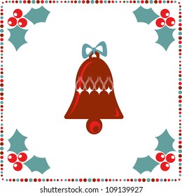 retro holiday card with a bell and winter berry on the white