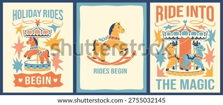 Retro holiday carousel posters set with rocking horse and merry-go-round. Vintage amusement park wall art for children’s room decor.