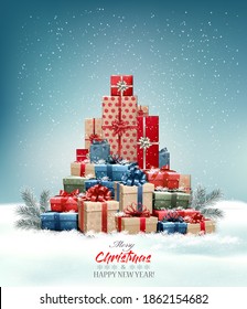 Fundo de Natal feriado retrô com árvore de natal feita de caixas de presente coloridas e presentes. Ilustração vetorial