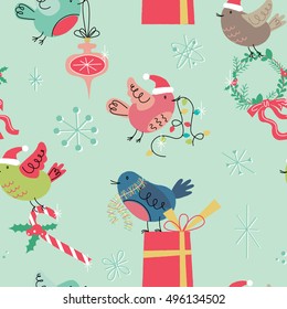 Retro holiday seamless pattern with cute birds in mid century modern style